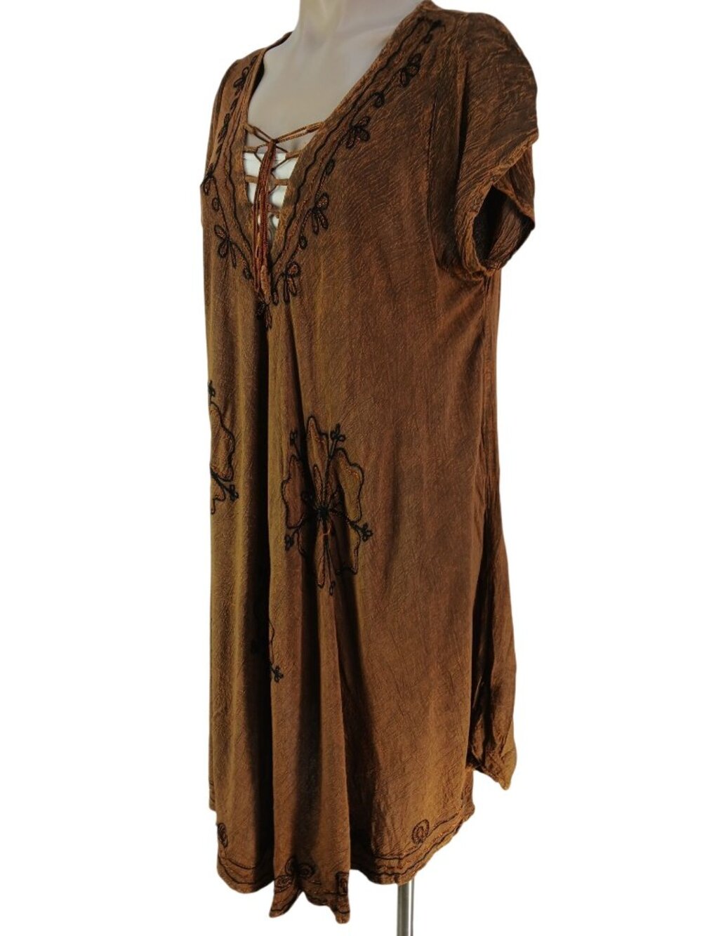 Riviera Sun Womens Plus Size Brown Embroidered Tunic Dress Size 2X Lace Up Boho - Picture 9 of 11